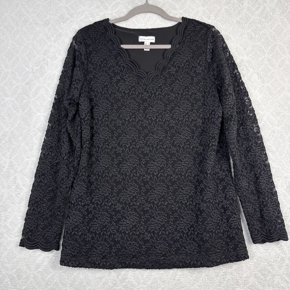 Susan Graver Crochet Lace Top Womens Medium Black Grunge Whimsigoth Witchy Vamp